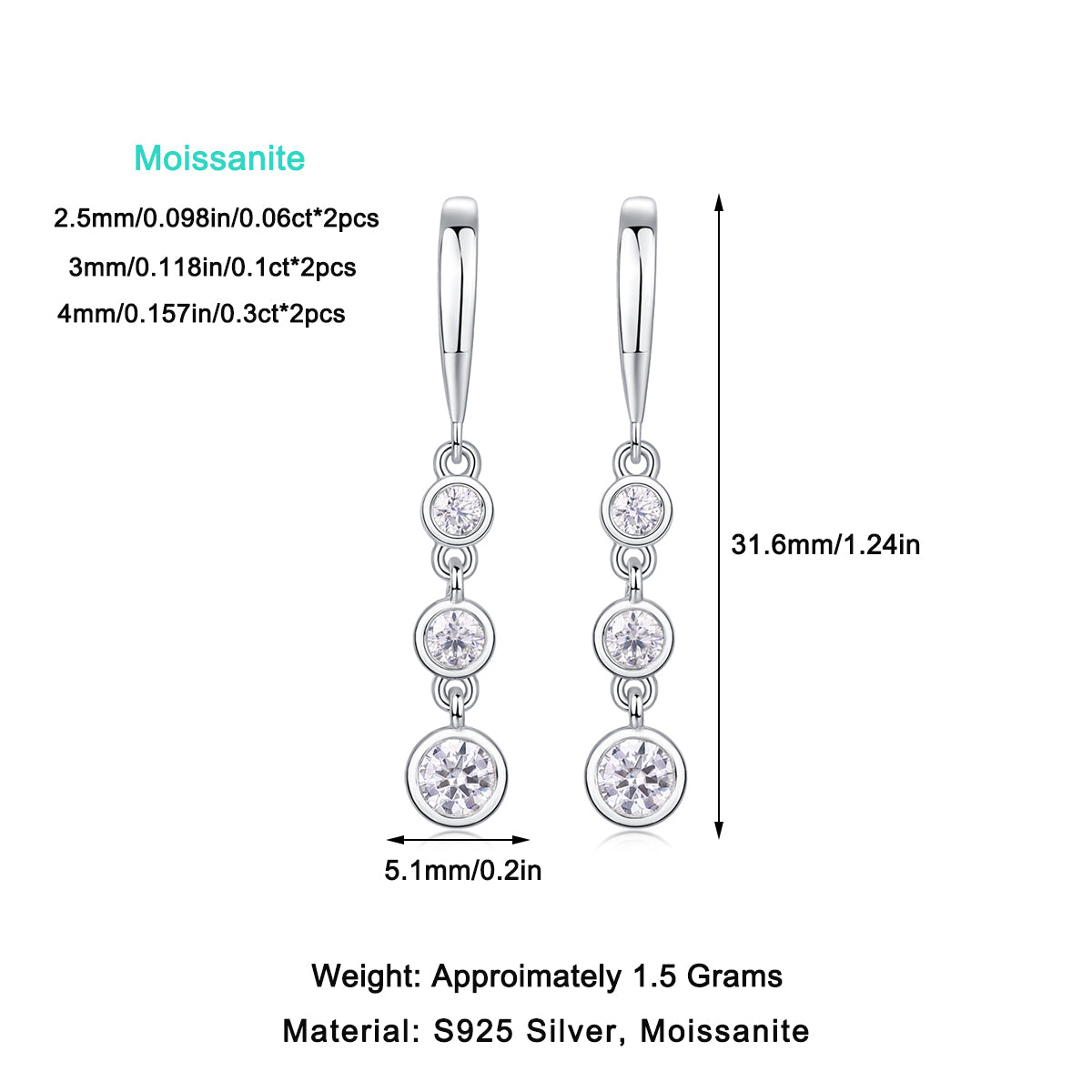 Elegante Moissanit Ohrringe mit 0.92 Karat in höchster VVS1-Reinheit und edlem D-Farbgrad aus rhodiniertem 925 Silber