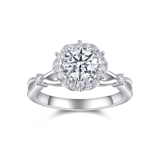 Moissanit Ring / Verlobungsring / Silberring mit 2 Karat VVS1 Reinheit und Farbgrad D im Brilliantschliff in rhodiniertem 925 Sterlingsilber.