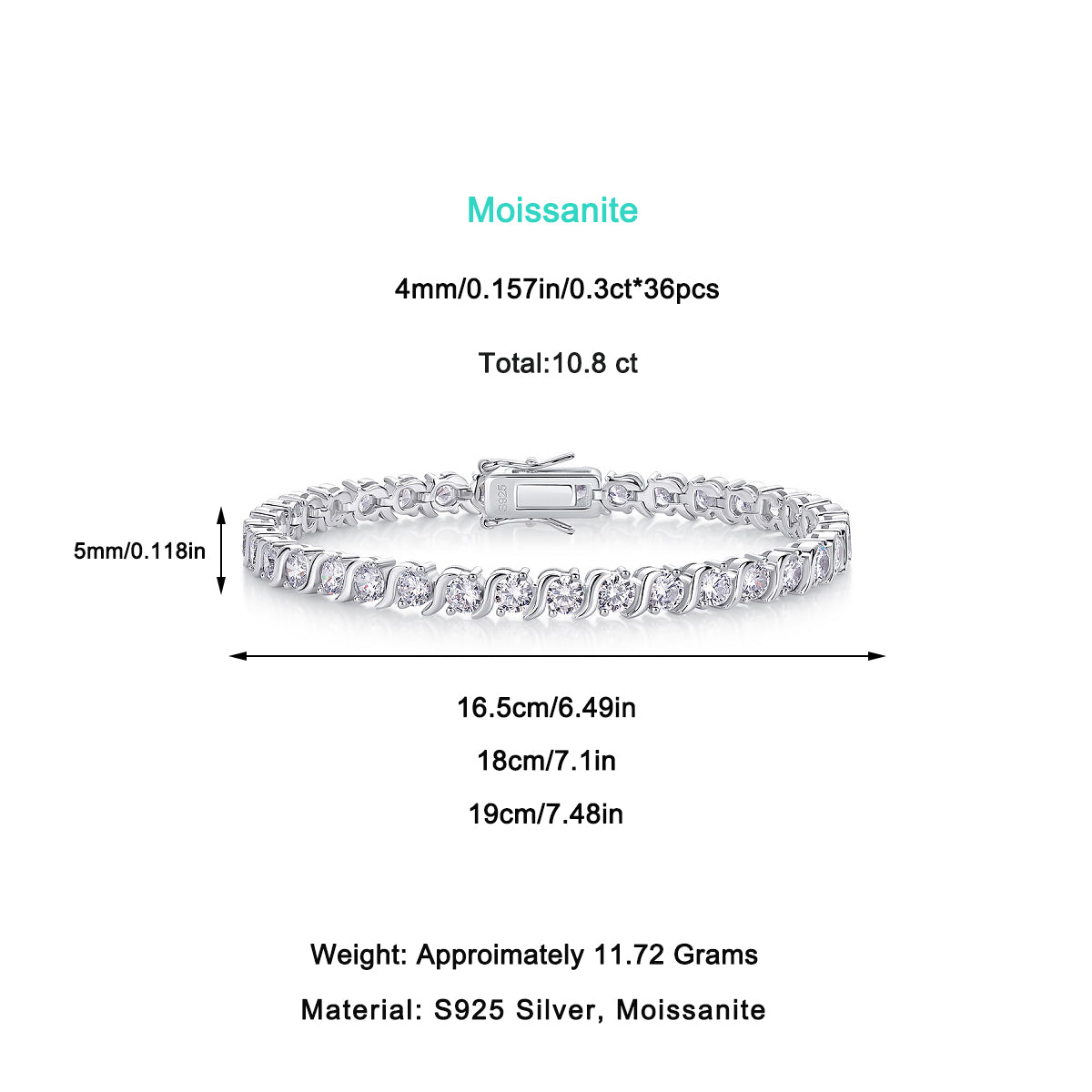 Moissanit Tennis Armband mit 10.8 Karat VVS1 Reinheit und D Farbgrad aus rhodiniertem 925 Silber (18 cm)