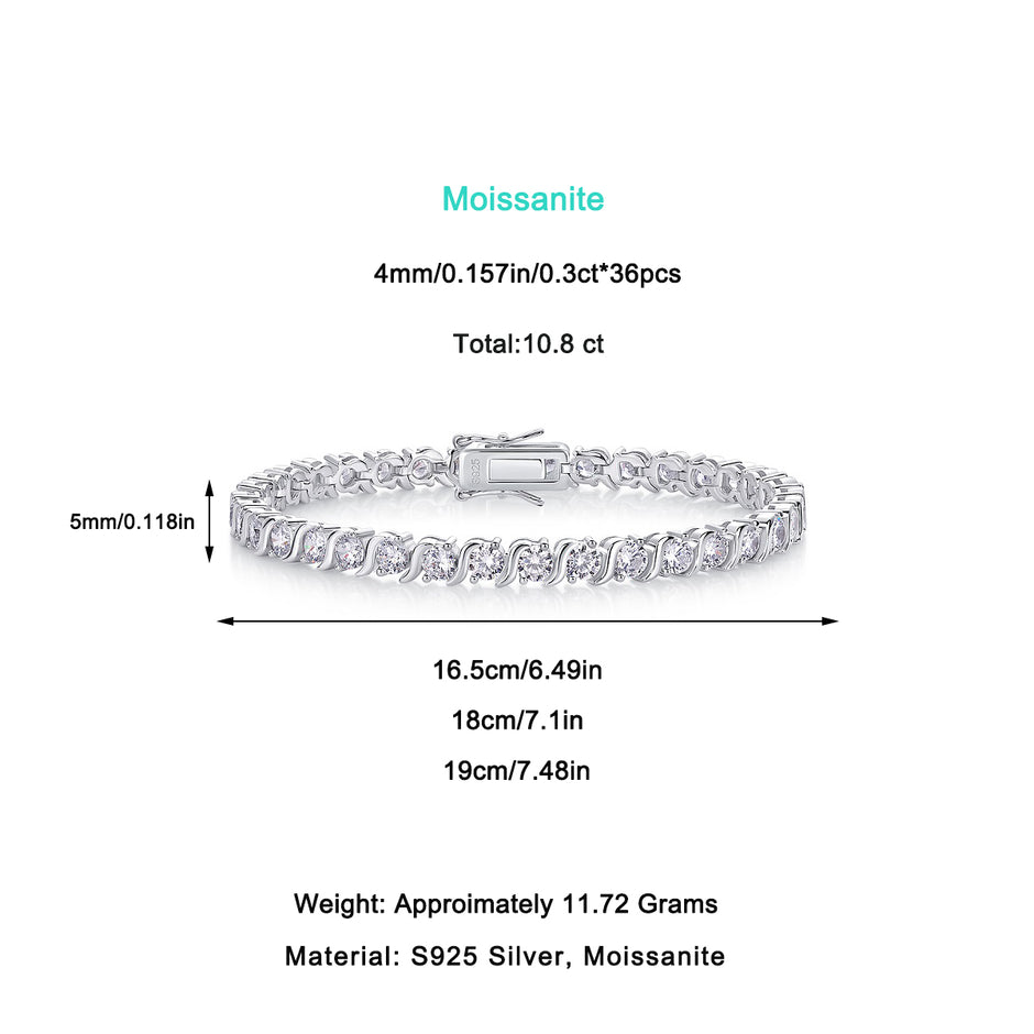 Moissanit Tennis Armband mit 10.8 Karat VVS1 Reinheit und D Farbgrad aus rhodiniertem 925 Silber (18 cm)