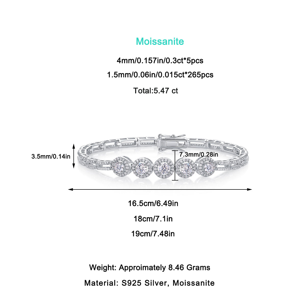Moissanit Armband mit 2.86 Karat VVS1 Reinheit und D Farbgrad aus rhodiniertem 925 Silber (18 cm)