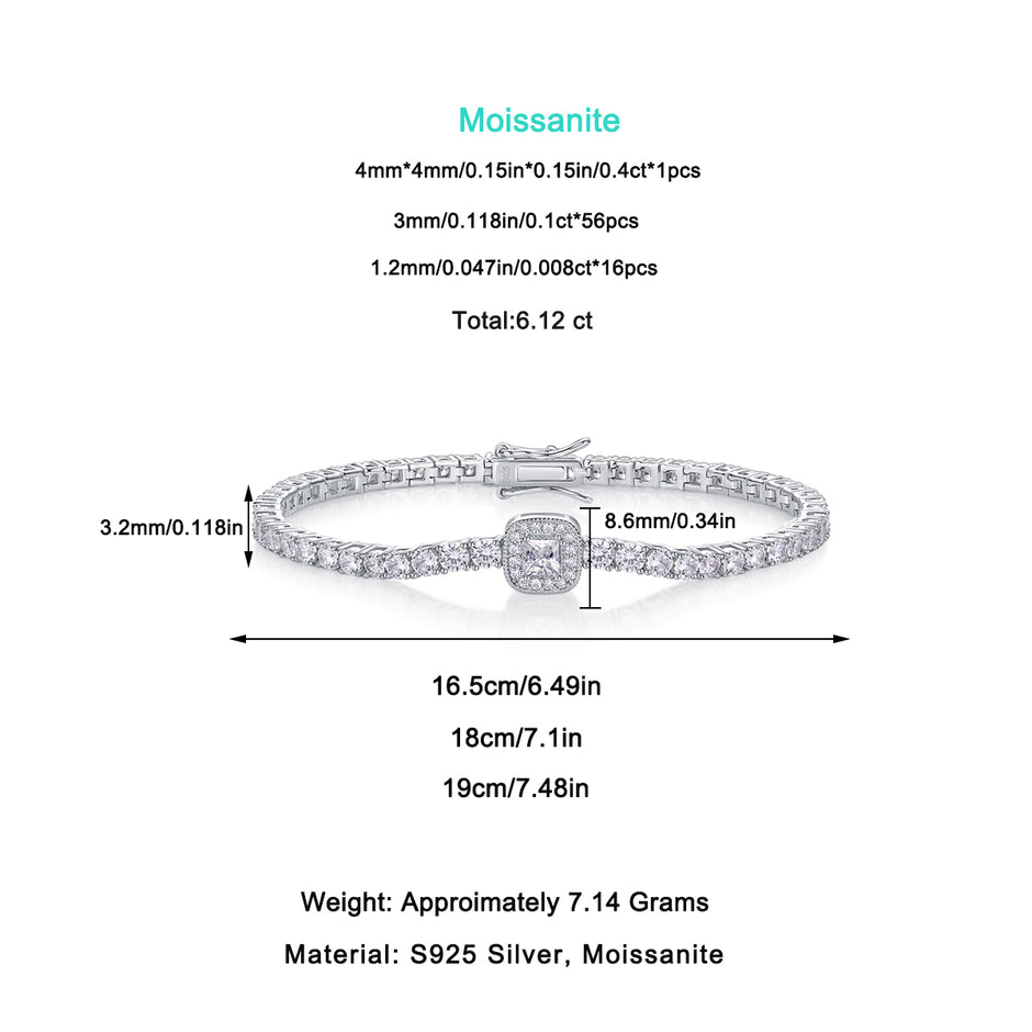 Moissanit Tennis Armband mit 5.7 Karat VVS1 Reinheit und D Farbgrad aus rhodiniertem 925 Silber (18 cm)