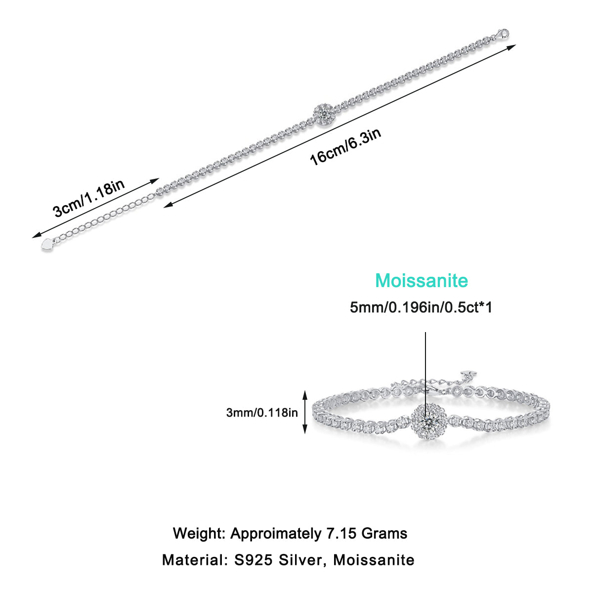 Moissanit Tennis Armband mit 0.5 Karat VVS1 Reinheit und D Farbgrad aus rhodiniertem 925 Silber (18 cm)