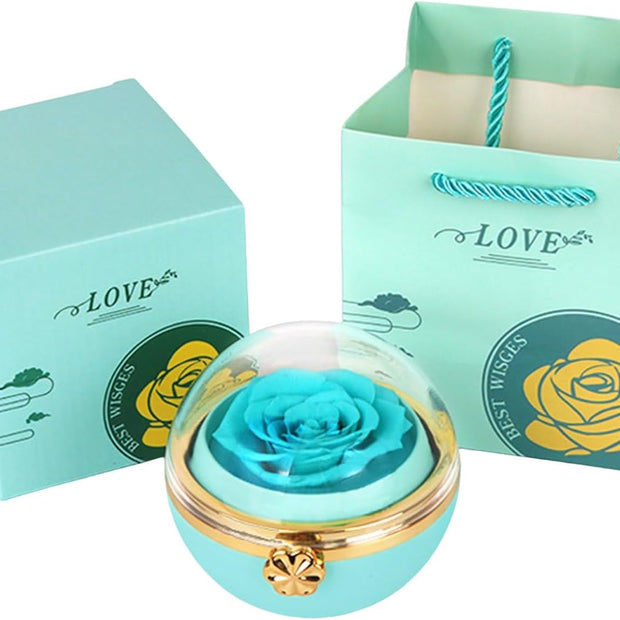 Drehbare Geschenk-Box mit Rosenblume in rot & türkis