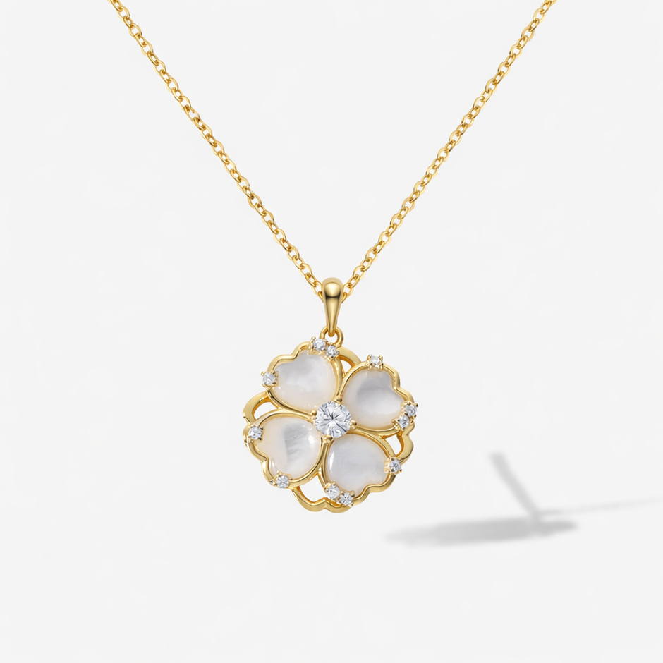 Halskette Silber 925  - rhodiniert und Kleeblatt aus Perlmutt  45 cm