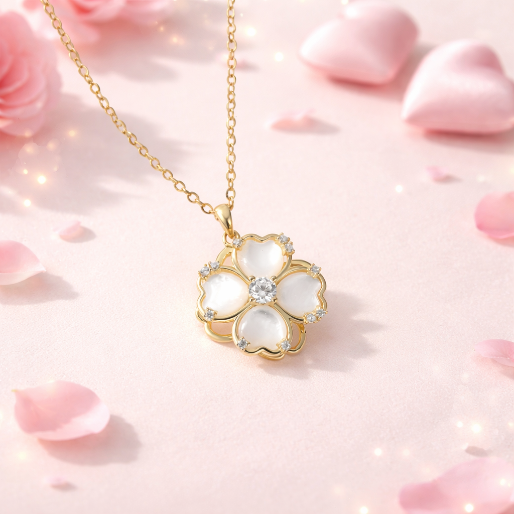 Halskette Silber 925  - rhodiniert und Kleeblatt aus Perlmutt  45 cm