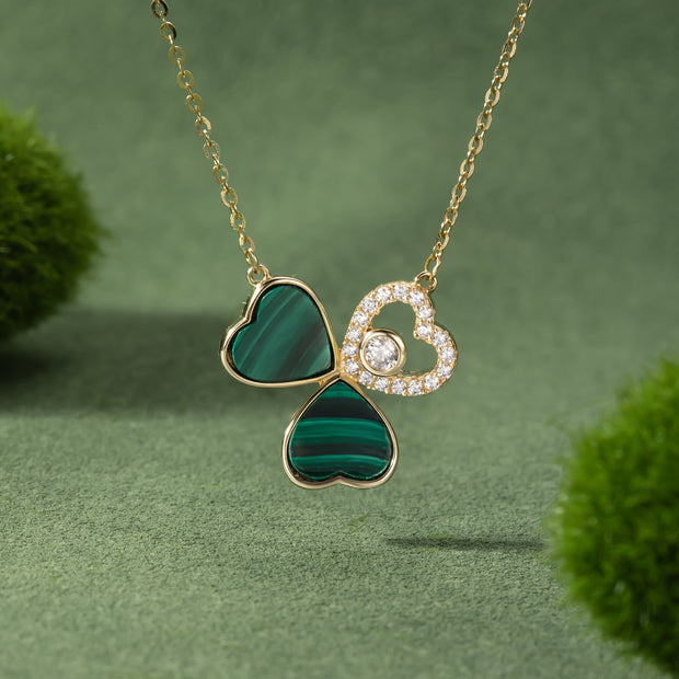 Halskette Silber 925 Kleeblatt Herz -18k vergoldet mit Malachit Stein 45 cm
