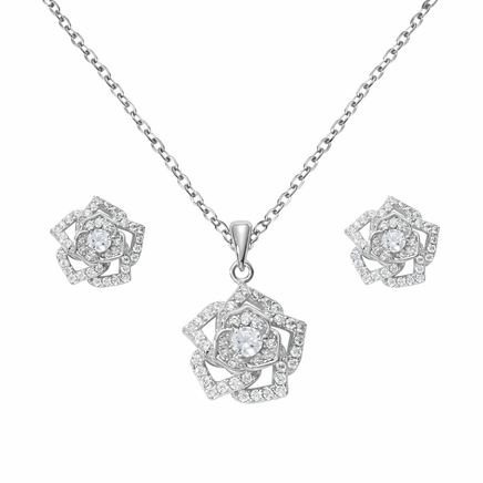 Silber Set Halskette und Ohrringe 925 Silber - Rosen Blumen Design rhodiniert 45 cm