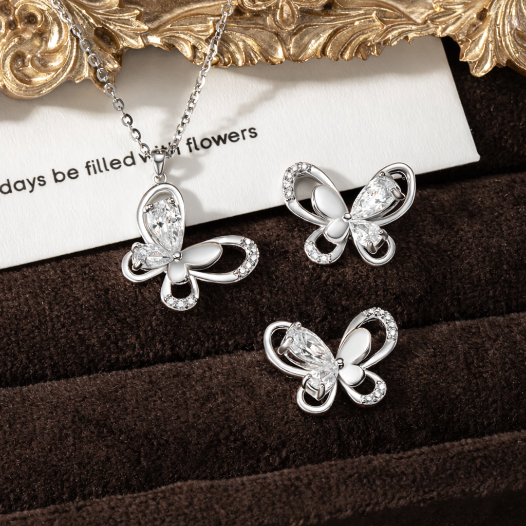 Silber Set Halskette und Ohrringe 925 Silber - Schmetterlings Motiv Zirkonia und rhodiniert in 45 cm