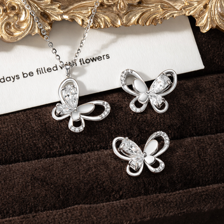 Silber Set Halskette und Ohrringe 925 Silber - Schmetterlings Motiv Zirkonia und rhodiniert in 45 cm