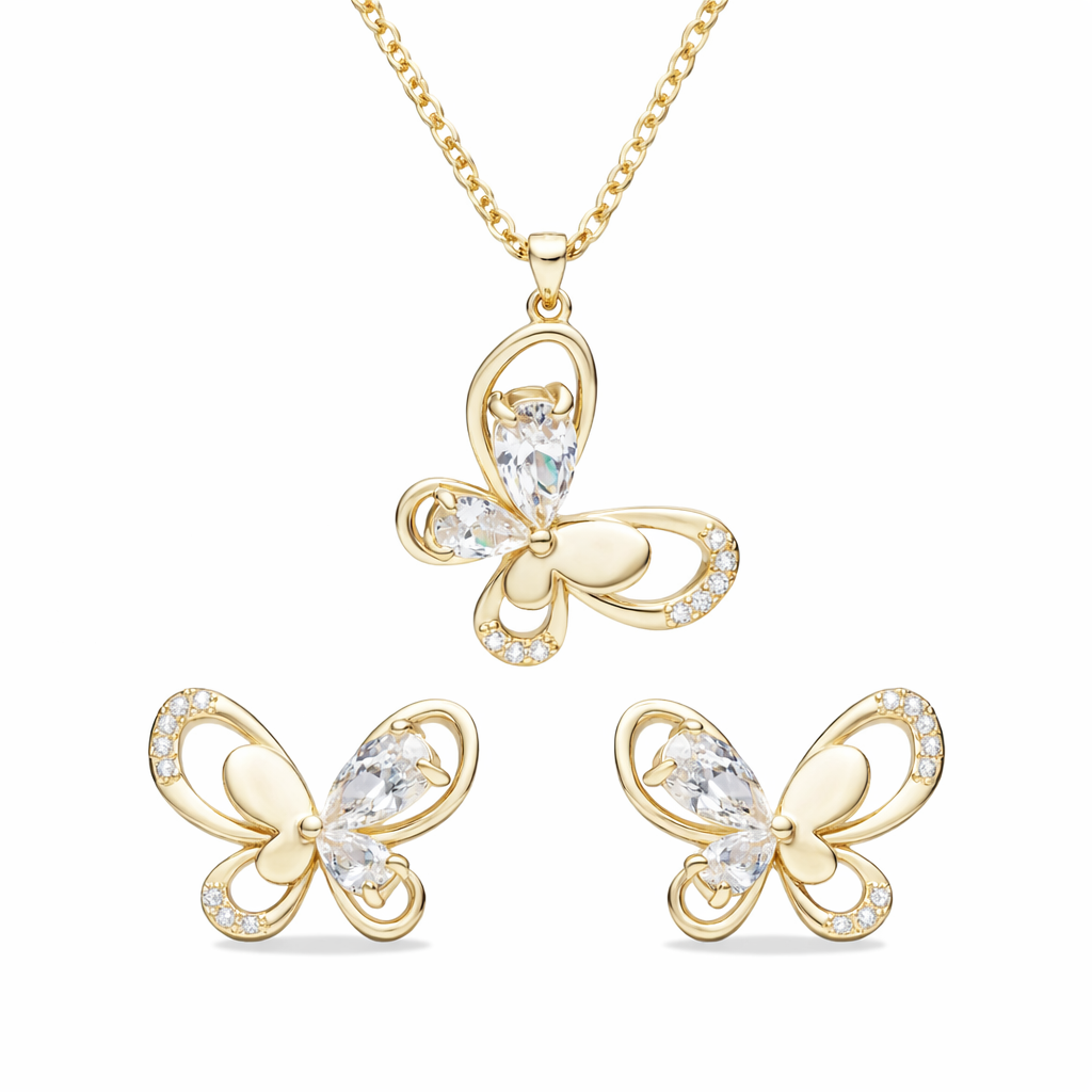 Silber Set Halskette und Ohrringe 925 Silber - Schmetterlings Motiv Zirkonia und rhodiniert in 45 cm