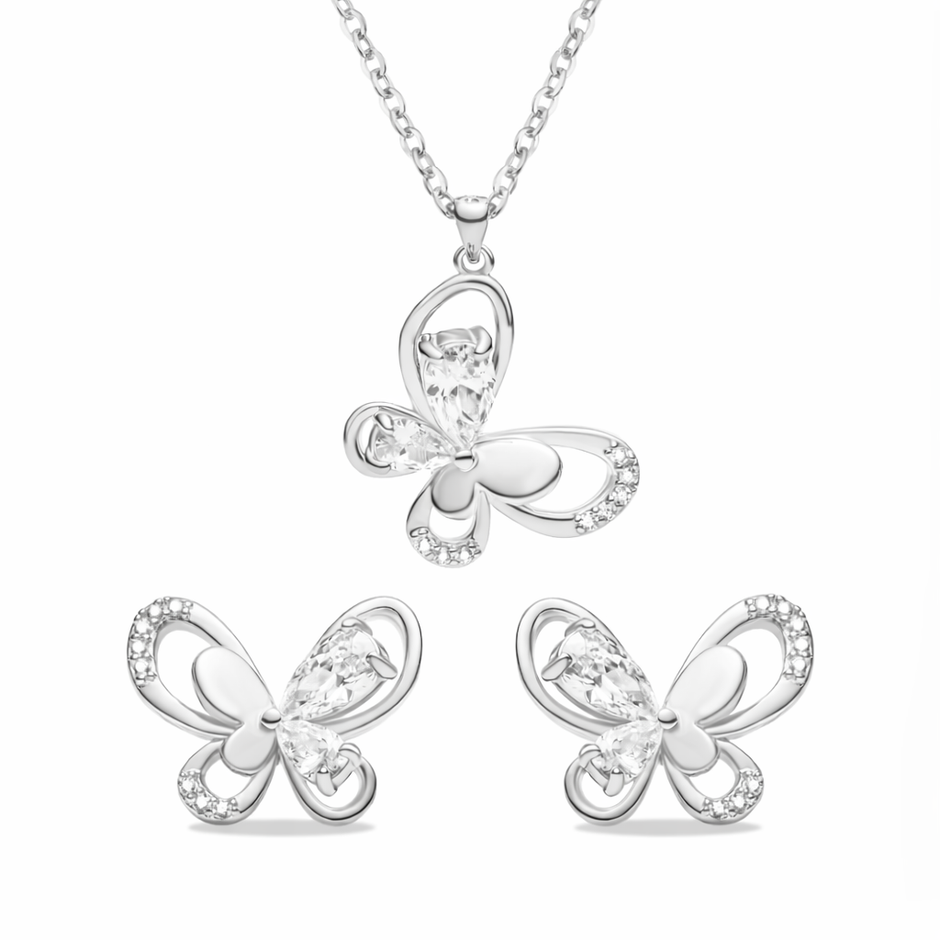 Silber Set Halskette und Ohrringe 925 Silber - Schmetterlings Motiv Zirkonia und rhodiniert in 45 cm