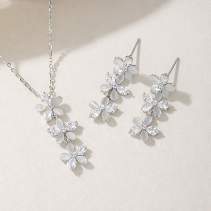 Silber Set Halskette und Ohrringe 925 Silber rhodiniert - Zirkonia Blumenmuster 45 cm