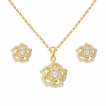 Silber Set Halskette und Ohrringe 925 Silber - Rosen Blumen Design rhodiniert 45 cm