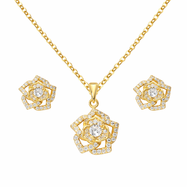 Silber Set Halskette und Ohrringe 925 Silber - Rosen Blumen Design rhodiniert 45 cm