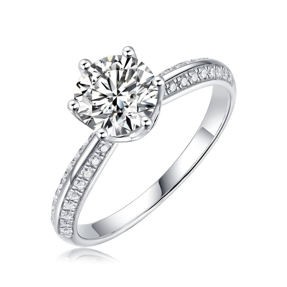 Moissanit Ring / Verlobungsring / Silberring mit 1.29 Karat VVS1 Reinheit und Farbgrad D im Brilliantschliff in rhodiniertem 925 Sterlingsilber.