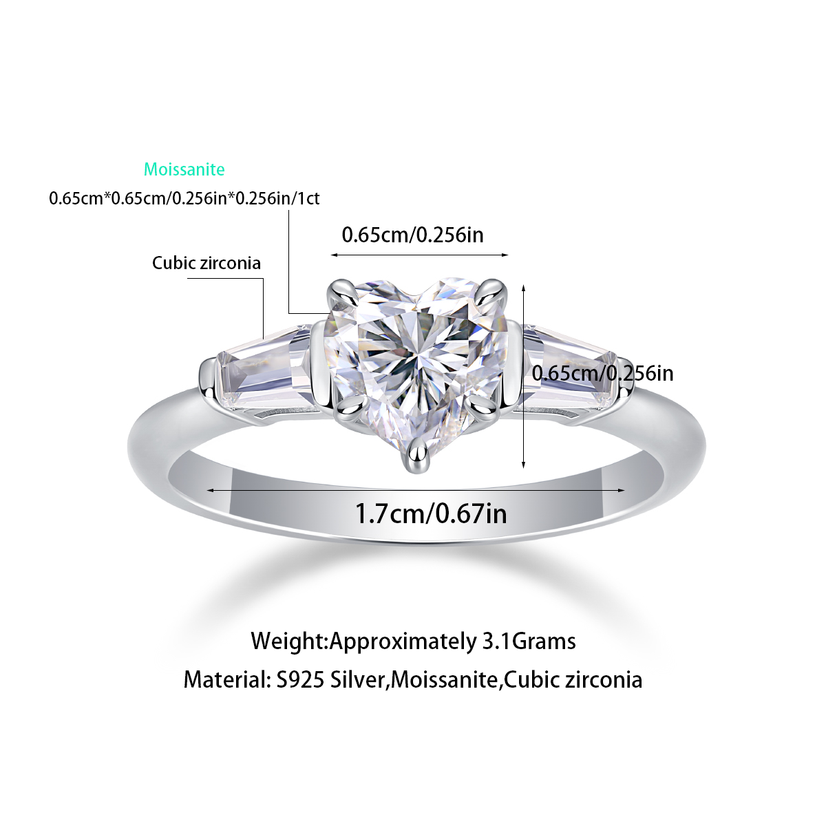Moissanit Ring / Verlobungsring / Silberring mit 1 Karat VVS1 Reinheit und Farbgrad D im Herz-Schliff in rhodiniertem 925 Sterlingsilber.