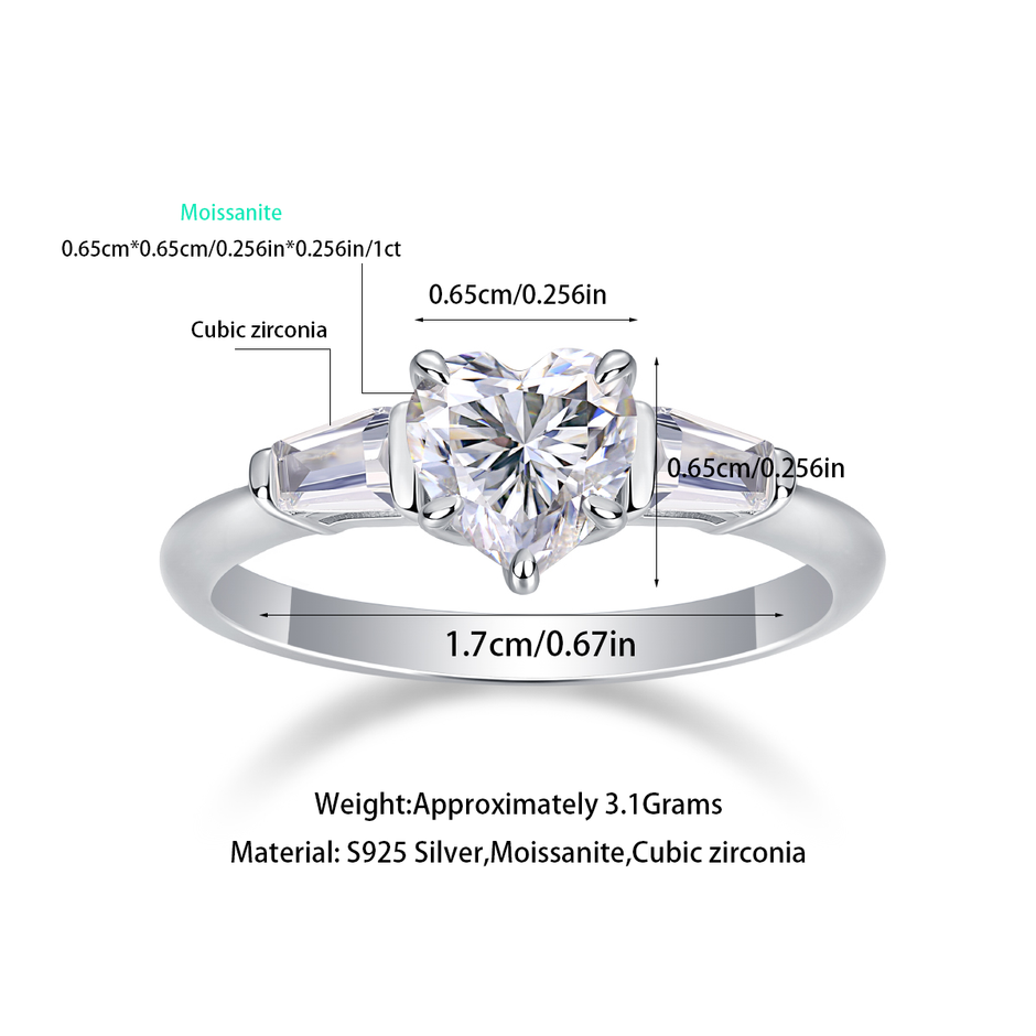 Moissanit Ring / Verlobungsring / Silberring mit 1 Karat VVS1 Reinheit und Farbgrad D im Herz-Schliff in rhodiniertem 925 Sterlingsilber.