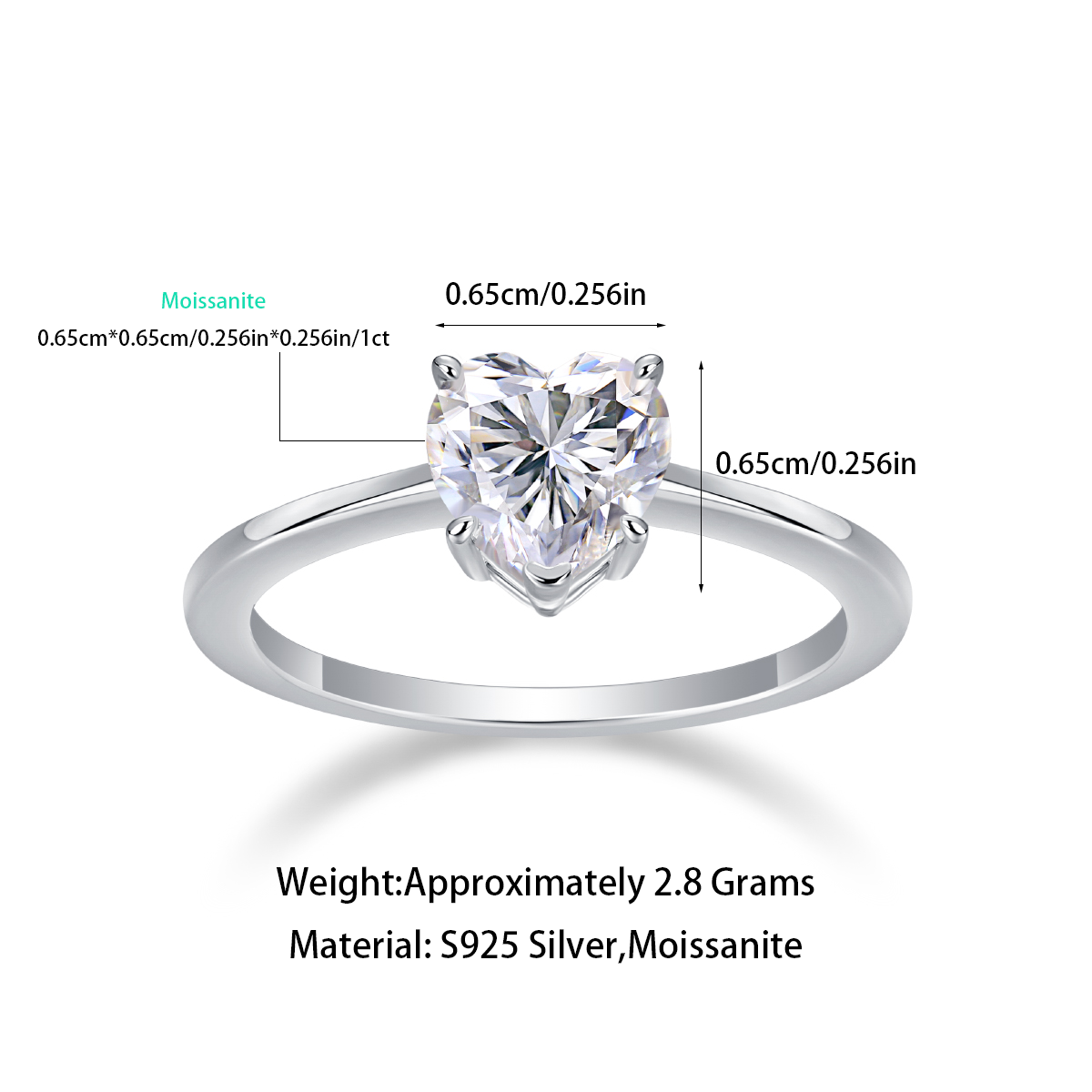 Moissanit Ring / Verlobungsring / Silberring mit 1 Karat VVS1 Reinheit und Farbgrad D im Herz-Schliff in rhodiniertem 925 Sterlingsilber.