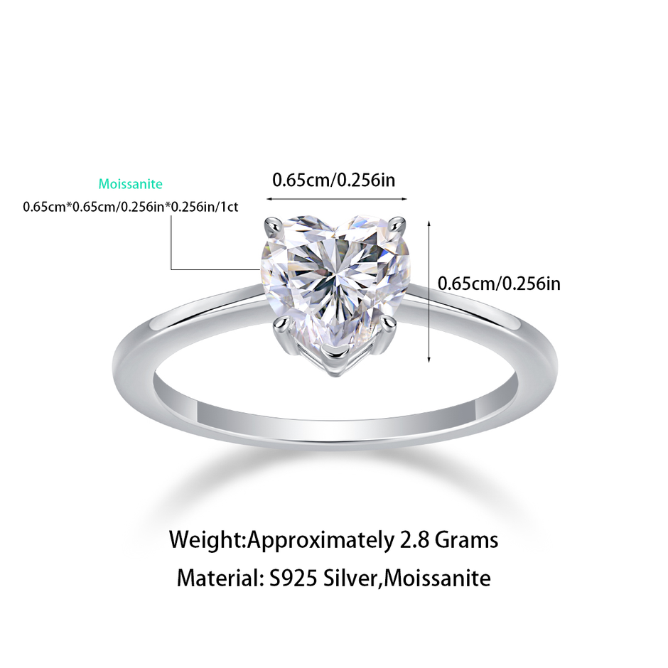Moissanit Ring / Verlobungsring / Silberring mit 1 Karat VVS1 Reinheit und Farbgrad D im Herz-Schliff in rhodiniertem 925 Sterlingsilber.