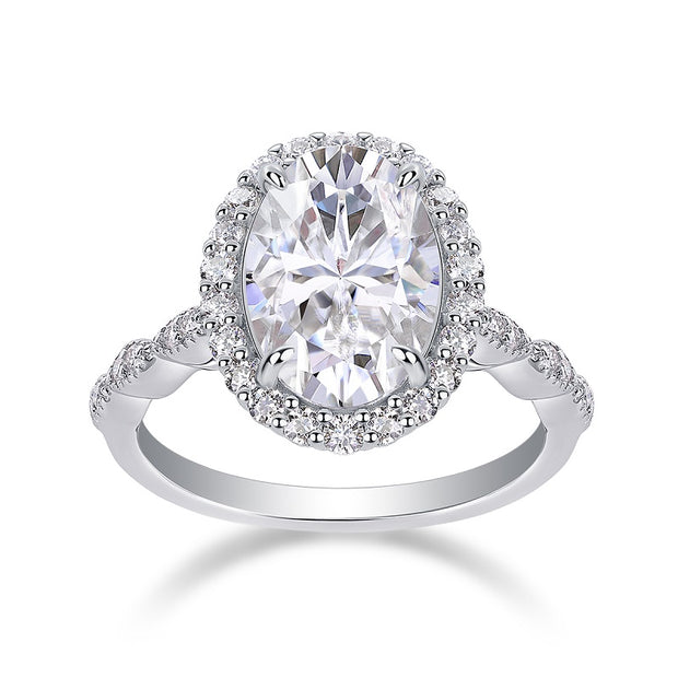 Moissanit Ring / Verlobungsring / Silberring mit 4.5 Karat VVS1 Reinheit und Farbgrad D im Ovalschliff in rhodiniertem 925 Sterlingsilber.