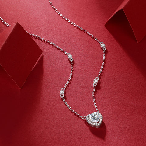 Moissanit Halskette 1.5 Karat VVS1 Reinheit D Farbgrad – rhodinierter Herz Anhänger an feiner 925er Silberkette