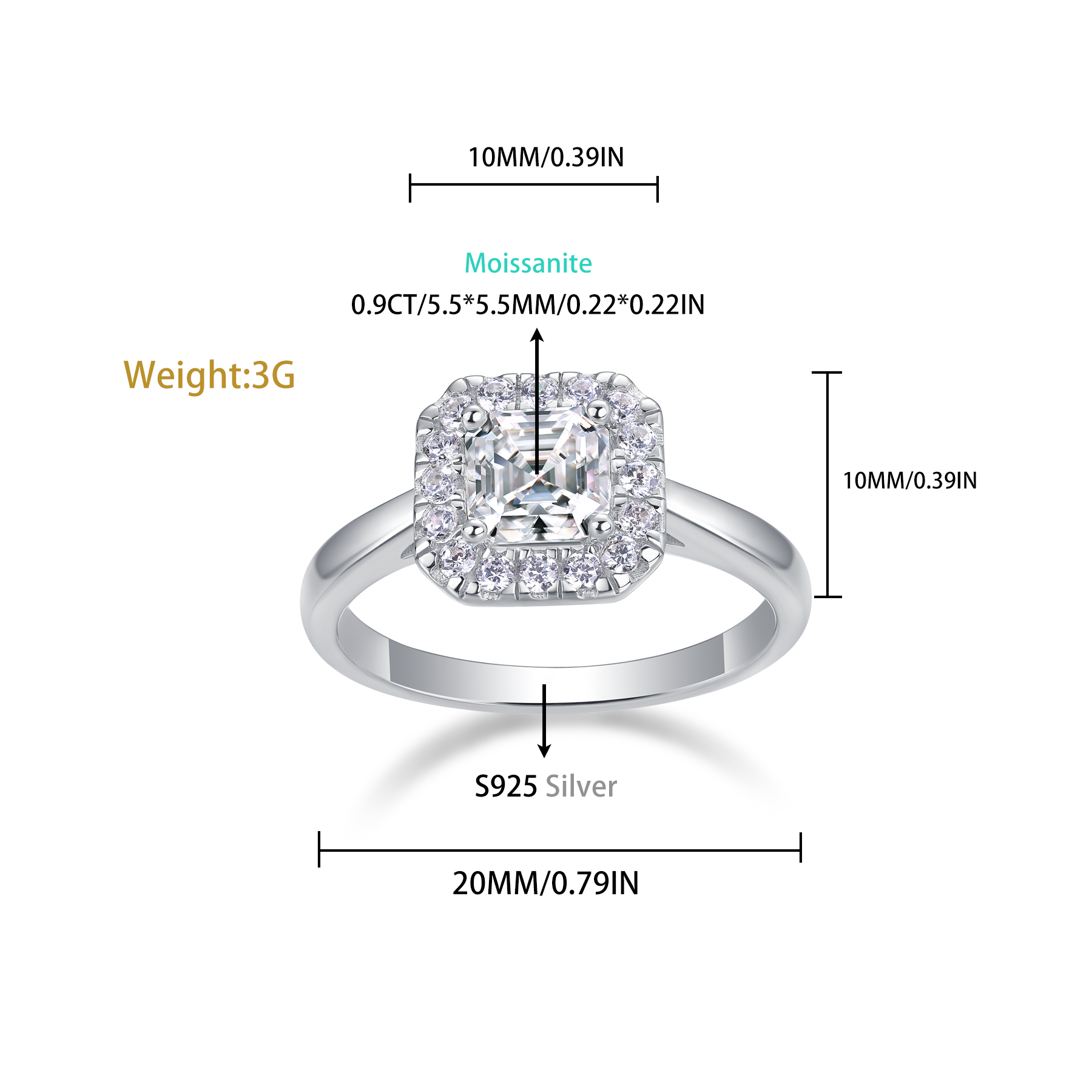 Moissanit Ring / Verlobungsring / Silberring mit 1 Karat VVS1 Reinheit und Farbgrad D im Baguette Schliff in rhodiniertem 925 Sterlingsilber.