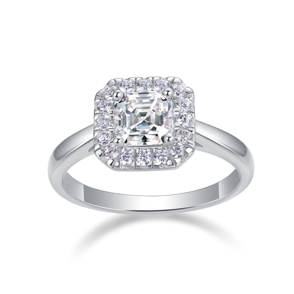 Moissanit Ring / Verlobungsring / Silberring mit 1 Karat VVS1 Reinheit und Farbgrad D im Baguette Schliff in rhodiniertem 925 Sterlingsilber.