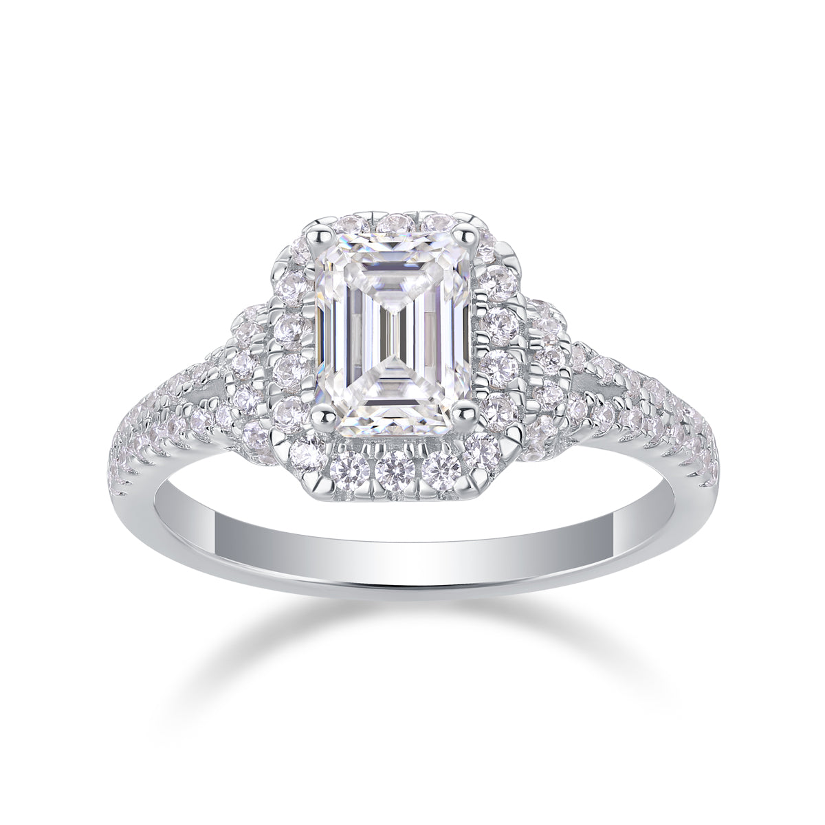 Moissanit Ring / Verlobungsring / Silberring mit 1 Karat VVS1 Reinheit und Farbgrad D im Baguette Schliff in rhodiniertem 925 Sterlingsilber.