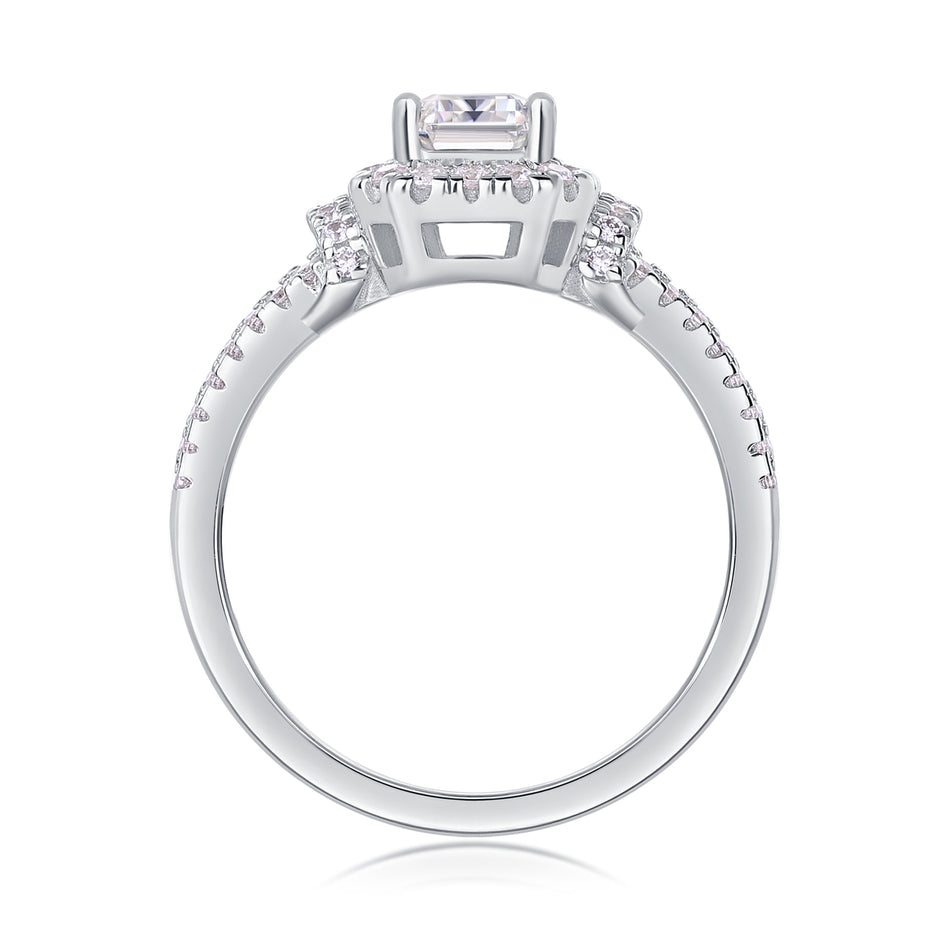 Moissanit Ring / Verlobungsring / Silberring mit 1 Karat VVS1 Reinheit und Farbgrad D im Baguette Schliff in rhodiniertem 925 Sterlingsilber.