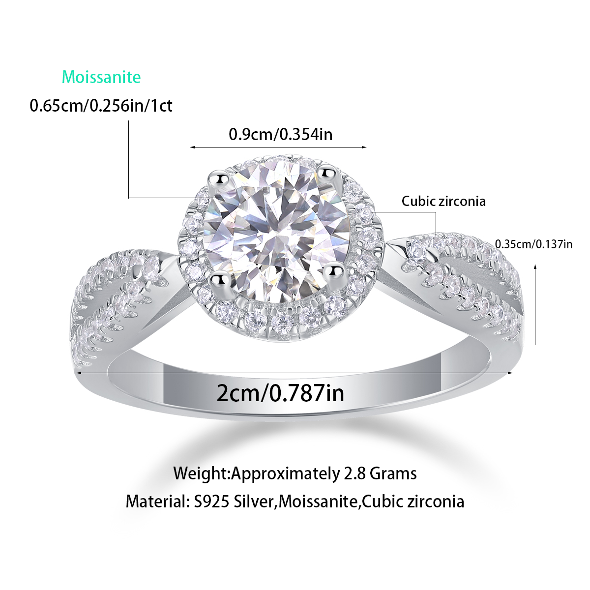 Moissanit Ring / Verlobungsring / Silberring mit 1 Karat VVS1 Reinheit und Farbgrad D im Brilliantschliff in rhodiniertem 925 Sterlingsilber.