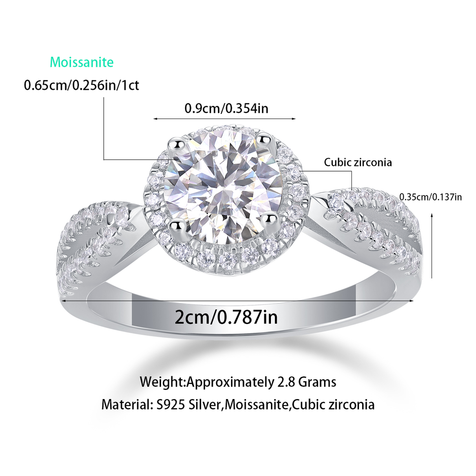 Moissanit Ring / Verlobungsring / Silberring mit 1 Karat VVS1 Reinheit und Farbgrad D im Brilliantschliff in rhodiniertem 925 Sterlingsilber.