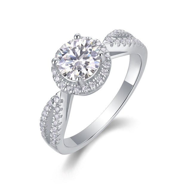 Moissanit Ring / Verlobungsring / Silberring mit 1 Karat VVS1 Reinheit und Farbgrad D im Brilliantschliff in rhodiniertem 925 Sterlingsilber.