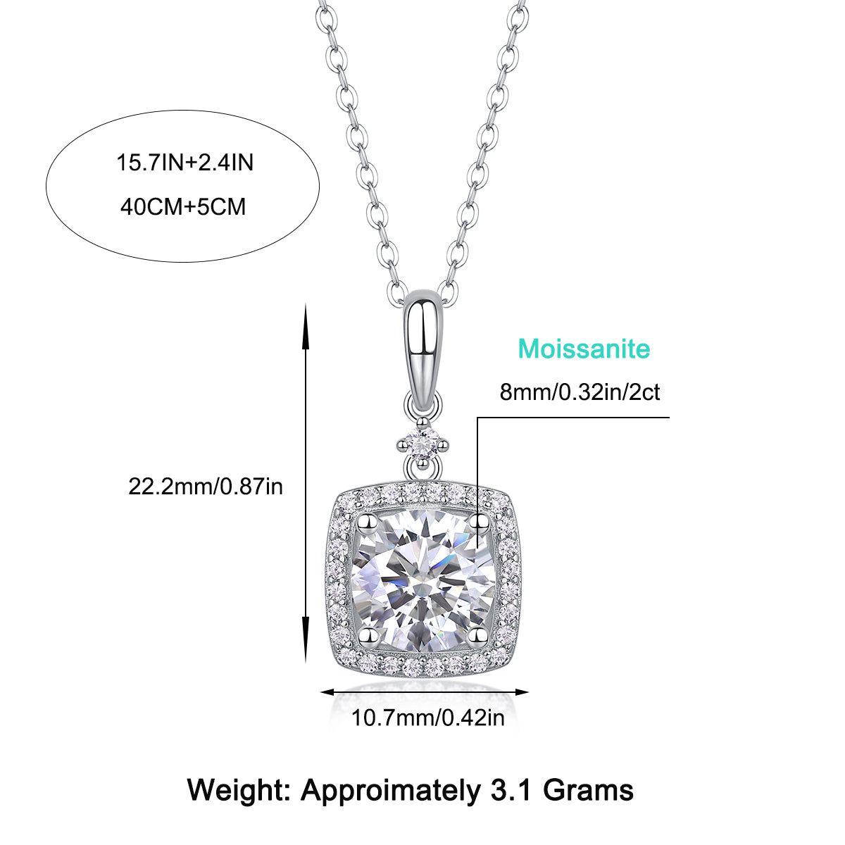 Moissanit Halskette 2 Karat in VVS1 Reinheit und Farbgrad D - rhodinierte Anhänger mit eleganter  Kette aus 925er Silber